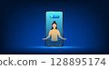Smartphone showing a picture of a young woman meditating peacefully, with a Power Off button on the screen, symbolizing the need to shut down from social media to enter inner peace and relaxation. 128895174