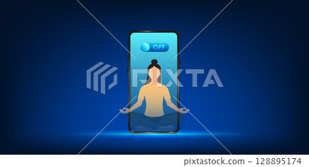 Smartphone showing a picture of a young woman meditating peacefully, with a Power Off button on the screen, symbolizing the need to shut down from social media to enter inner peace and relaxation. Smartphone showing a picture of a young woman meditating peacefully, with a Power Off button on the screen, symbolizing the need to shut down from social media to enter inner peace and relaxation. 128895174