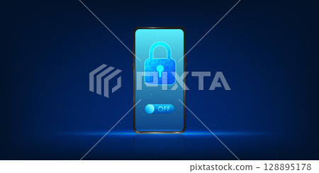 Smartphone screen with digital lock symbol and power off button, representing screen time control, digital detox, and mental health. Concept of unplugging, self-care, and mindful use of technology. 128895178