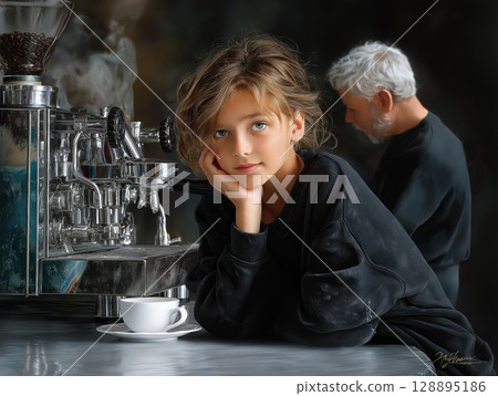 Grandson, Grandfather and Espresso Machine 128895186