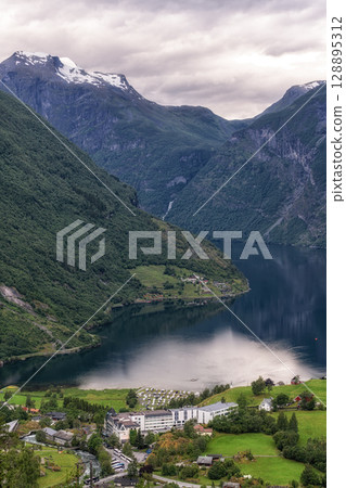 Geiranger fjord in Summer Storm 128895312
