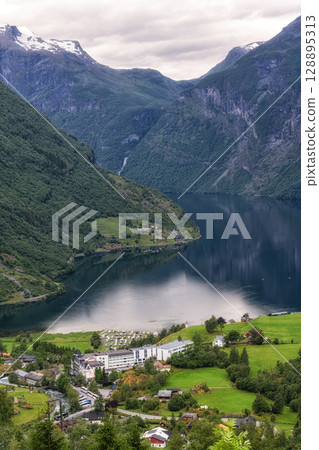 Geiranger fjord in Summer Storm 128895313