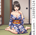 Illustration of a girl in a yukata relaxing on a tatami mat in a Japanese-style room 128895324
