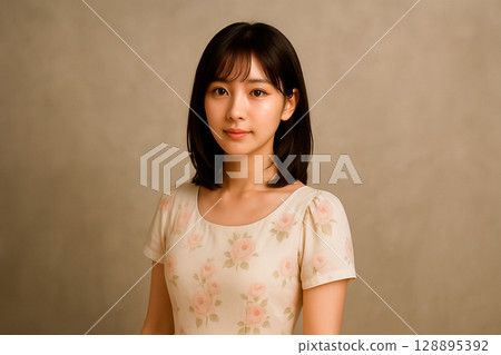 A girl wearing a rose-patterned dress A girl wearing a rose-patterned dress 128895392