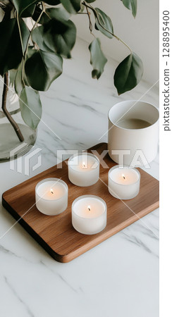 Candles on wooden tray casting gentle shadows in serene setting Candles on wooden tray casting gentle shadows in serene setting 128895400
