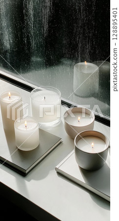 Home windowsill with lit candles and stacked books, minimalistic calm atmosphere 128895401