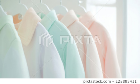 Light pastel clothes on rail, soft colors and minimal design background Light pastel clothes on rail, soft colors and minimal design background 128895411