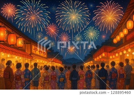 Summer festival night food stalls and fireworks 128895460