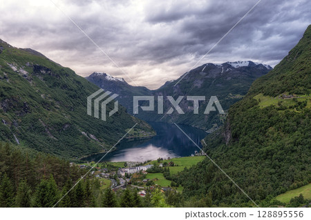 Geiranger fjord in Summer Storm 128895556