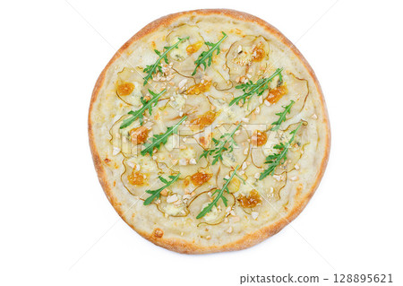 Pear and Blue Cheese Pizza with Arugula and Nuts 128895621
