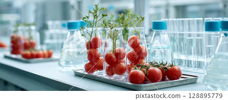 Fresh tomatoes and plants in laboratory glassware on research table Fresh tomatoes and plants in laboratory glassware on research table 128895779