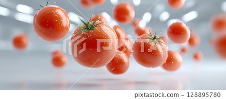 Fresh organic tomatoes floating futuristic white space, evoking surreal and vibrant atmosphere Fresh organic tomatoes floating futuristic white space, evoking surreal and vibrant atmosphere 128895780