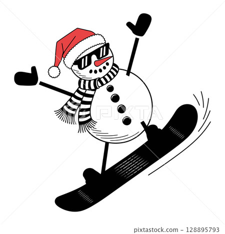 Cartoon Snowboarding Snowman in Santa Hat Cartoon Snowboarding Snowman in Santa Hat 128895793