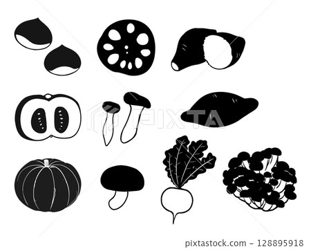 Autumn vegetables silhouette icon set: chestnut, lotus root, sweet potato, pumpkin, mushroom, radish 128895918