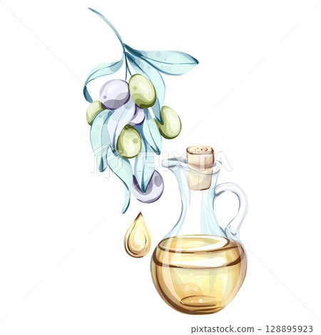 Beautiful watercolor illustration of olives and olive oil showcasing the essence of Italian cuisine and nature 128895923