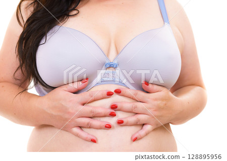 Plus size woman big breast wearing bra Plus size woman big breast wearing bra 128895956