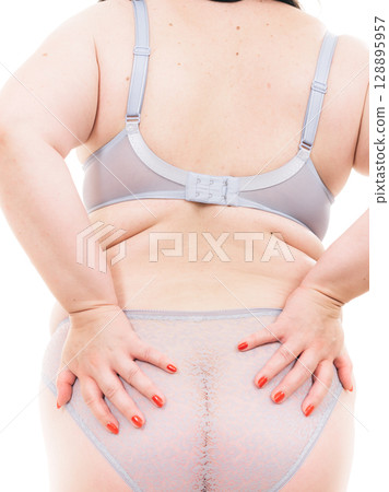 Plus size woman in lingerie back view. Plus size woman in lingerie back view. 128895957