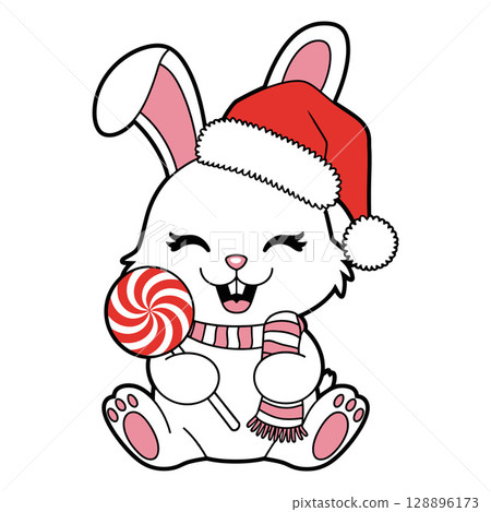 Cheerful Holiday Bunny Holding Lollipop Cheerful Holiday Bunny Holding Lollipop 128896173