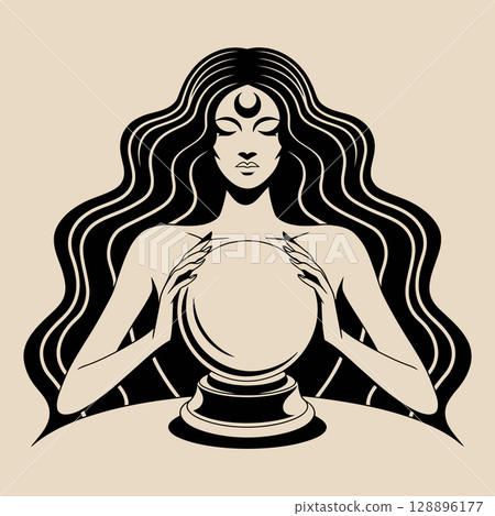 Mystic Fortune Teller Gazing into Crystal Ball 128896177