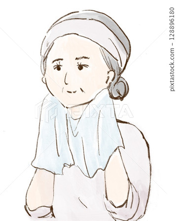 Senior woman wiping her face with a towel while looking in the mirror 128896180