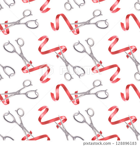 Vintage scissors cutting red ribbon seamless pattern. Hand-painted watercolor illustration isolated on white for grand opening events, business launches, ceremonies, for branding, printing on textile 128896183