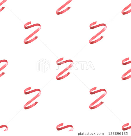 Vertically hanging red ribbon seamless pattern. Hand-painted watercolor illustration isolated on white background for festive, holidays, birthdays designs, branding, printing on textile and packaging 128896185
