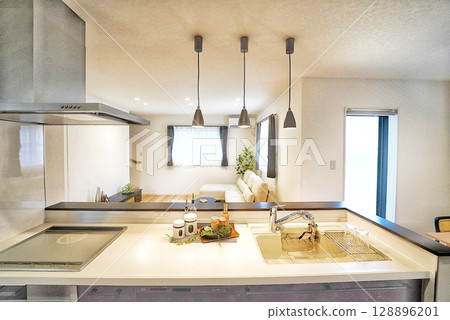 Modern kitchen and compact living/dining room Modern kitchen and compact living/dining room 128896201