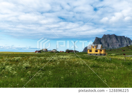 Grassy meadows near Uttakleiv beach Grassy meadows near Uttakleiv beach 128896225