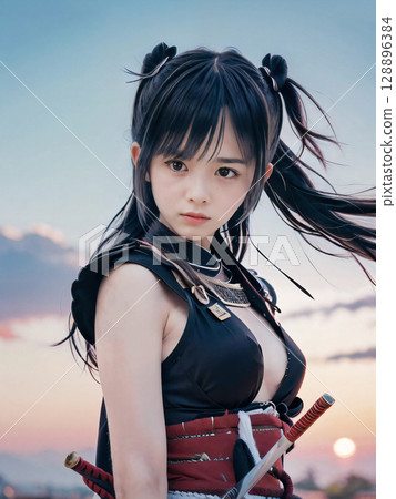 A young female samurai in armor ready for battle on the battlefield of the Sengoku period at dusk 128896384