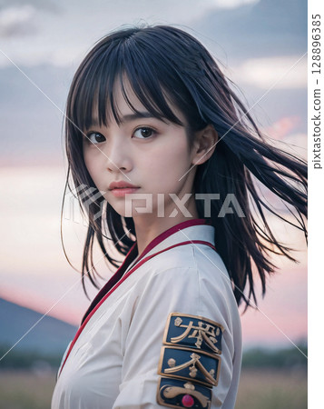 A young woman samurai with a sad face wearing armor on the battlefield of the Sengoku period at dusk A young woman samurai taking off her armor and resting on the battlefield of the Sengoku period 128896385