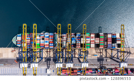 Aerial view container ship cargo freight shipping international, Global business freight shipping import export logistic transportation container ship, Container ship cargo sea freight container ship. Aerial view container ship cargo freight shipping international, Global business freight shipping import export logistic transportation container ship, Container ship cargo sea freight container ship. 128896553