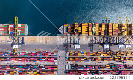 Aerial view container ship cargo freight shipping international, Global business freight shipping import export logistic transportation container ship, Container ship cargo sea freight container ship. Aerial view container ship cargo freight shipping international, Global business freight shipping import export logistic transportation container ship, Container ship cargo sea freight container ship. 128896554