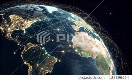 This is an image of the Earth in space, with visible city lights and overlaid golden lines depicting a global network and showing connections across 128896654