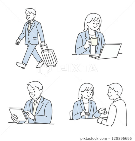 Illustration set of moving, talking and working in business situations 128896696