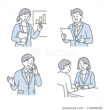 Illustration set of business people's presentations, business negotiations, and telephone correspondence 128896698
