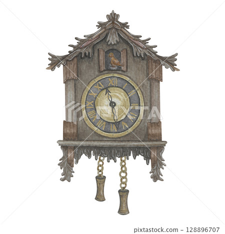 Cuckoo clock Watercolor illustration Cuckoo clock Watercolor illustration 128896707