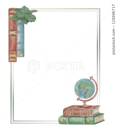 Watercolor illustration Frame with books and flowers 128896717