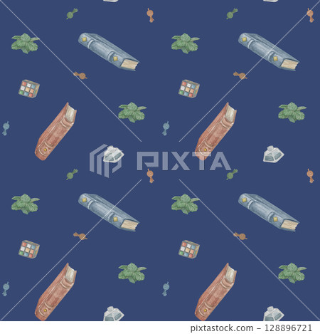 Watercolor seamless pattern with books and flora handmade blue Watercolor seamless pattern with books and flora handmade blue 128896721