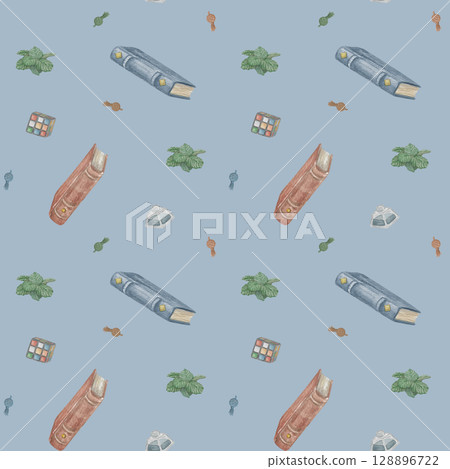 Watercolor seamless pattern with books and flora handmade 128896722