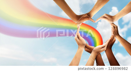 Inspirational idea unity and creative team for creativity thinking together as a diverse group of people together joining hands into the shape of a heart 128896982