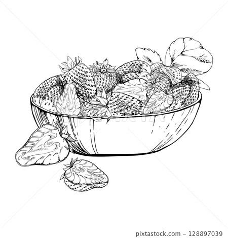 Strawberry berries leaves full and cut in half served in glass bowl, ripe picked garden pineberry strasberry harvest. Isolated illustration hand drawn in vector ink. Farmers market grocery preserves 128897039
