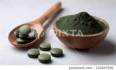 木匙上的小球藻片,旁邊有粉末 木匙上的小球藻片,旁邊有粉末 128897090