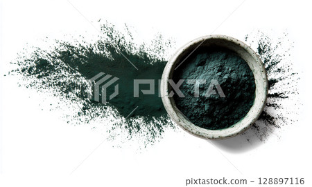 Healthy food ingredient, spirulina powder in a ceramic container spreading on a white background Healthy food ingredient, spirulina powder in a ceramic container spreading on a white background 128897116