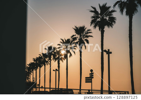 [Tarui Southern Beach] A beautiful view of the sun setting on the beach 128897125