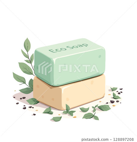 Vsai eco soap bars resting on each other with herbs and spices 128897208