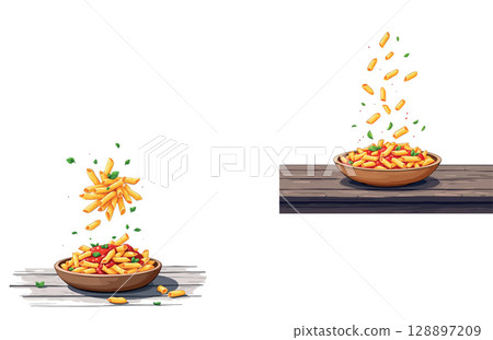 Vsai penne with tomato sauce falling into wooden bowl Vsai penne with tomato sauce falling into wooden bowl 128897209