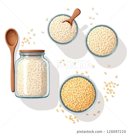 Vsai sesame seeds in glass jar and bowls with wooden spoon and scoop 128897210