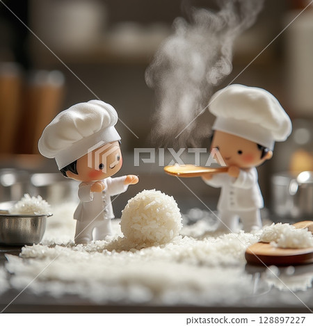 Cheerful Cartoon Chefs Making Rice Delight in Kitchen Setting 128897227