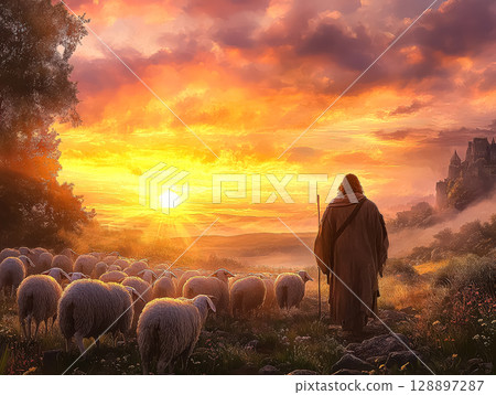 Man is leading a flock of sheep in a field at sunset 128897287