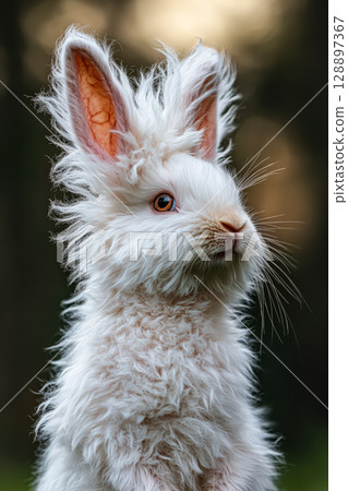 Fluffy white rabbit with long hair and a pink nose 128897367